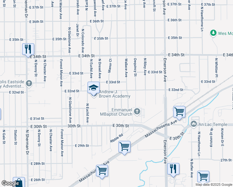 map of restaurants, bars, coffee shops, grocery stores, and more near 4711 East 32nd Street in Indianapolis