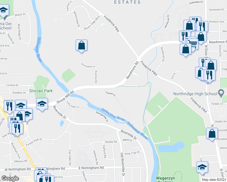 map of restaurants, bars, coffee shops, grocery stores, and more near 4522 Foxton Court in Dayton