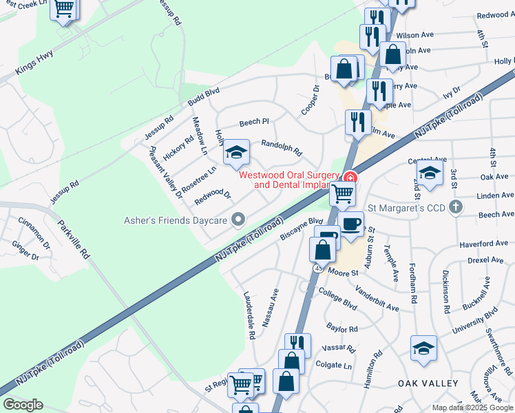 map of restaurants, bars, coffee shops, grocery stores, and more near 7 Ash Avenue in Woodbury