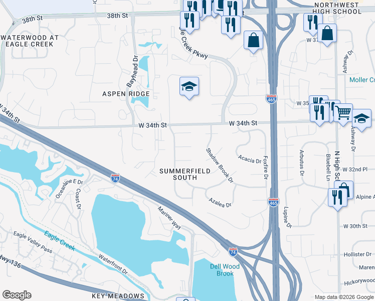 map of restaurants, bars, coffee shops, grocery stores, and more near 6931 Deerbrook Court in Indianapolis