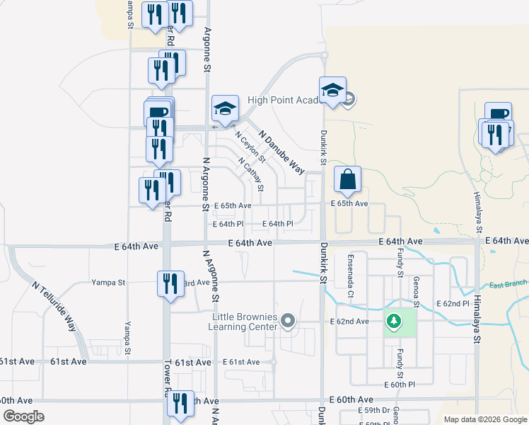 map of restaurants, bars, coffee shops, grocery stores, and more near 19030 East 65th Avenue in Denver