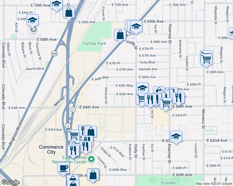 map of restaurants, bars, coffee shops, grocery stores, and more near 5401 East 65th Avenue in Commerce City