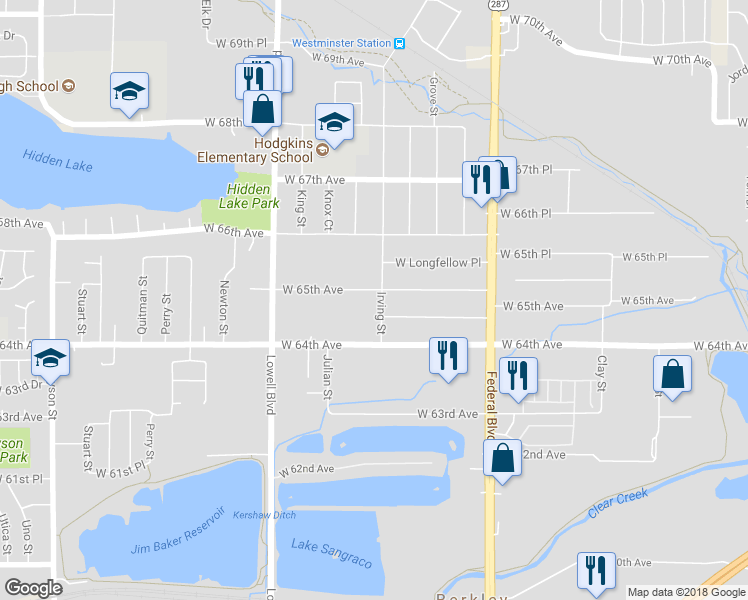 map of restaurants, bars, coffee shops, grocery stores, and more near 6495 Irving Street in Denver