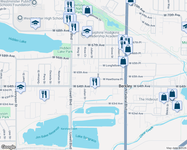 map of restaurants, bars, coffee shops, grocery stores, and more near 3348 West 65th Avenue in Denver