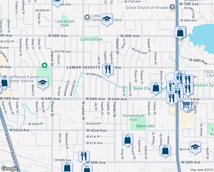 map of restaurants, bars, coffee shops, grocery stores, and more near 6478 Ingalls Court in Arvada