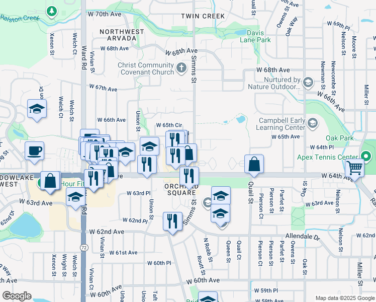 map of restaurants, bars, coffee shops, grocery stores, and more near 6503 Simms Street in Arvada