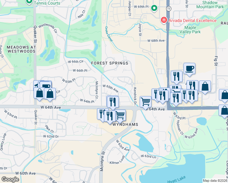map of restaurants, bars, coffee shops, grocery stores, and more near 15423 West 65th Avenue in Arvada