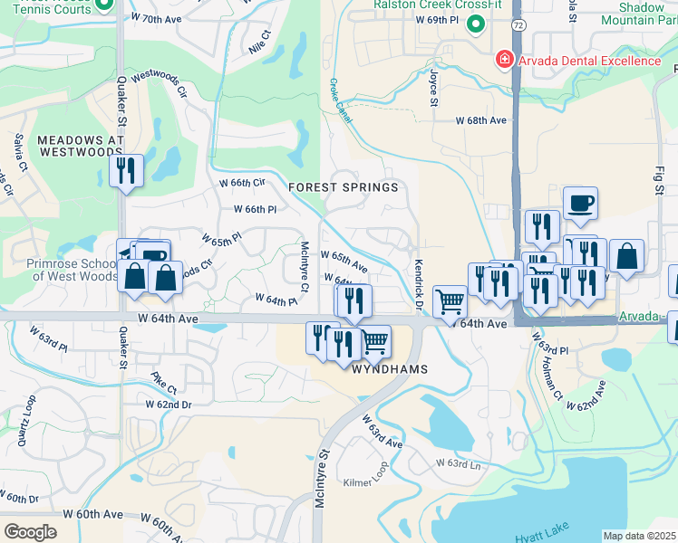 map of restaurants, bars, coffee shops, grocery stores, and more near 15542 West 65th Avenue in Arvada