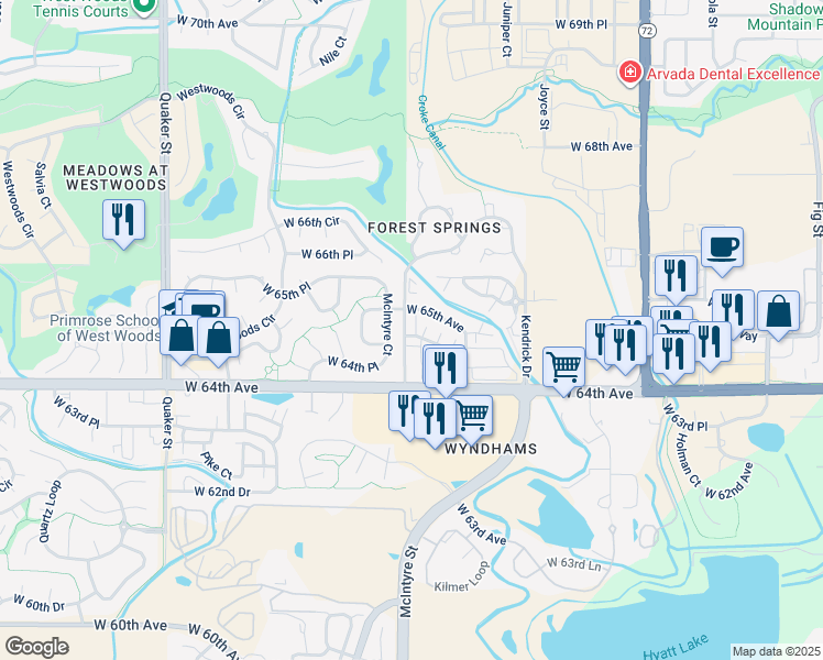 map of restaurants, bars, coffee shops, grocery stores, and more near 15542 West 65th Avenue in Arvada