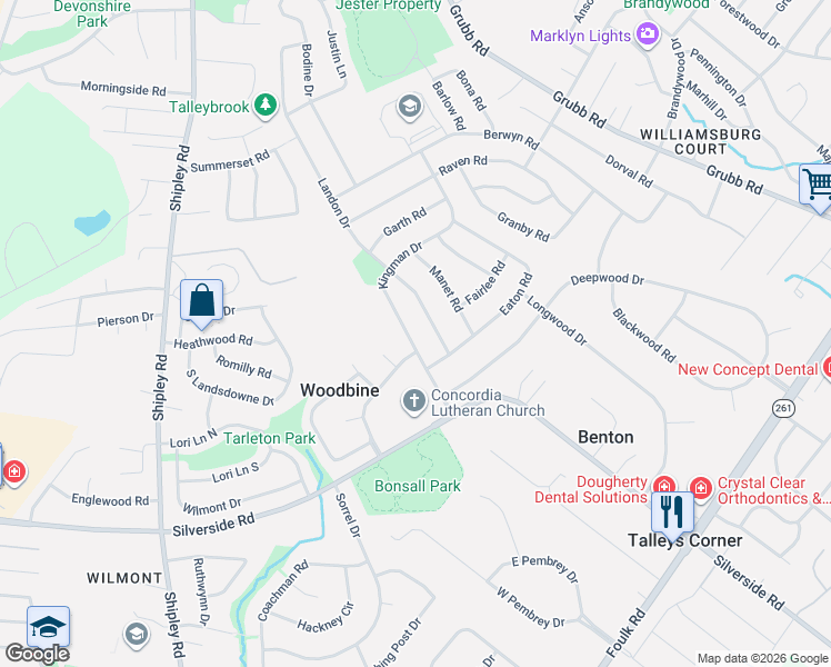 map of restaurants, bars, coffee shops, grocery stores, and more near 2416 Kingman Drive in Wilmington