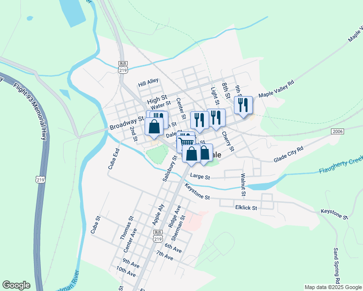 map of restaurants, bars, coffee shops, grocery stores, and more near 230 Main Street in Meyersdale