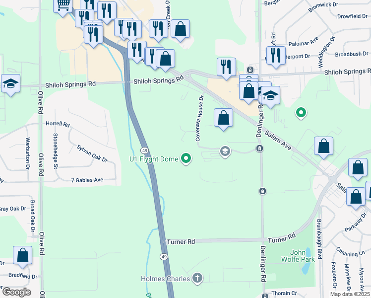map of restaurants, bars, coffee shops, grocery stores, and more near 4911 Covenant House Drive in Dayton