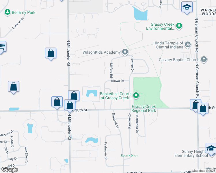 map of restaurants, bars, coffee shops, grocery stores, and more near 10297 Kiowa Drive in Indianapolis