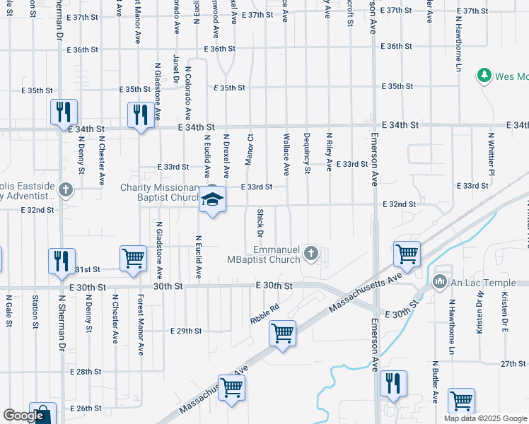 map of restaurants, bars, coffee shops, grocery stores, and more near 4711 East 32nd Street in Indianapolis