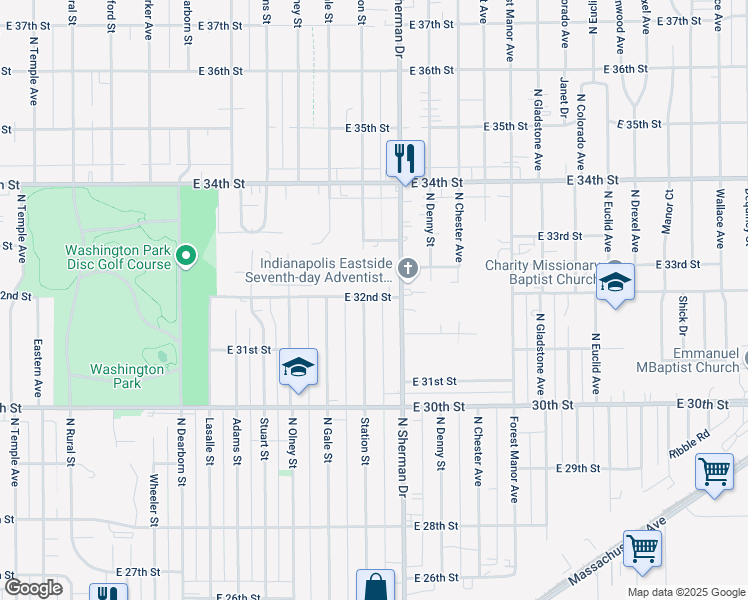 map of restaurants, bars, coffee shops, grocery stores, and more near 3166 Station Street in Indianapolis