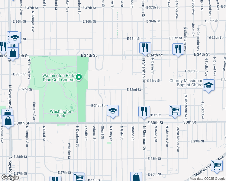 map of restaurants, bars, coffee shops, grocery stores, and more near 3438 East 32nd Street in Indianapolis