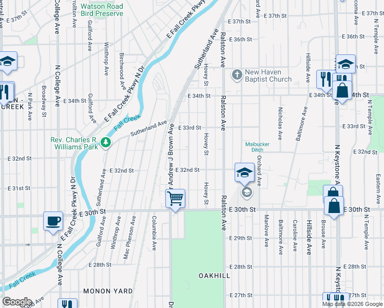 map of restaurants, bars, coffee shops, grocery stores, and more near 3242 North Arsenal Avenue in Indianapolis