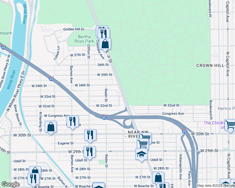 map of restaurants, bars, coffee shops, grocery stores, and more near 3316 Doctor Martin Luther King Junior Street in Indianapolis
