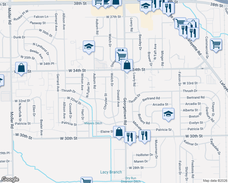 map of restaurants, bars, coffee shops, grocery stores, and more near 3242 Donald Avenue in Indianapolis