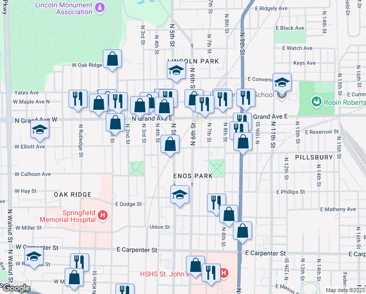 map of restaurants, bars, coffee shops, grocery stores, and more near 1116 North 5th Street in Springfield