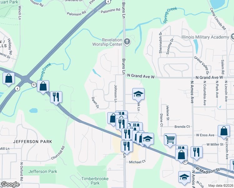 map of restaurants, bars, coffee shops, grocery stores, and more near 1020 Johnson Lane in Springfield