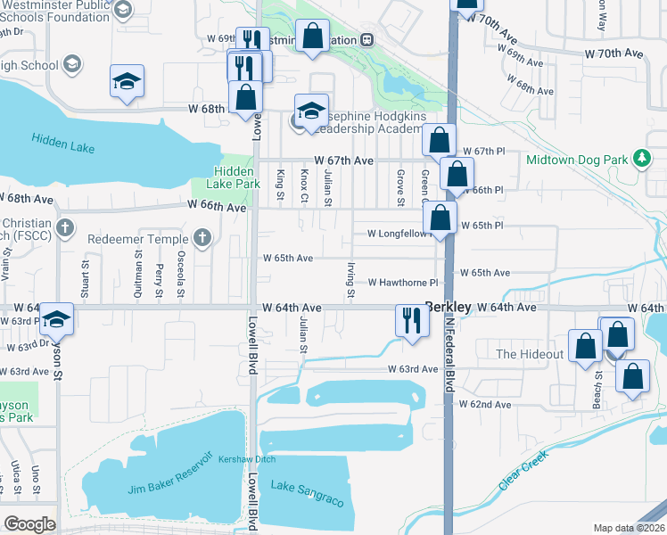 map of restaurants, bars, coffee shops, grocery stores, and more near 3348 West 65th Avenue in Denver