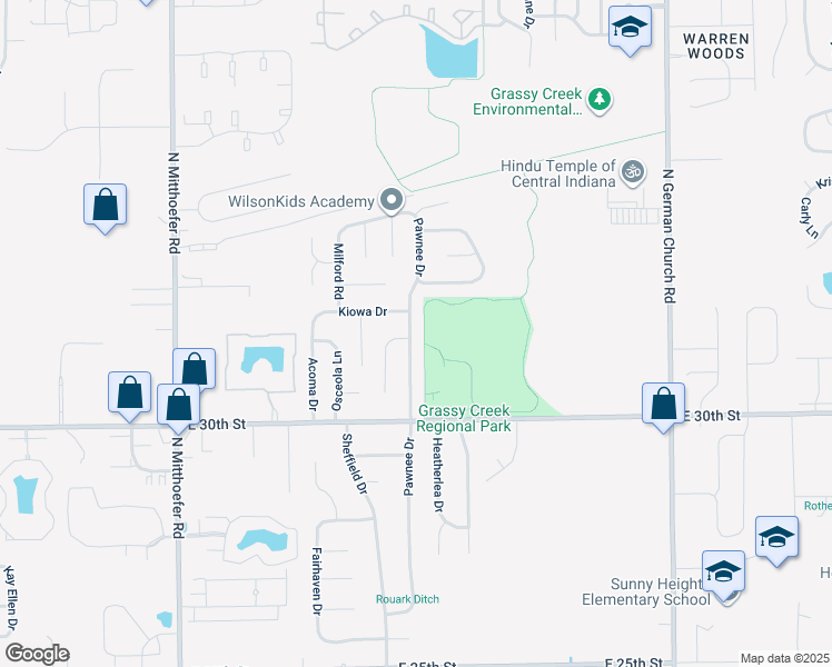 map of restaurants, bars, coffee shops, grocery stores, and more near 3119 Pawnee Drive in Indianapolis
