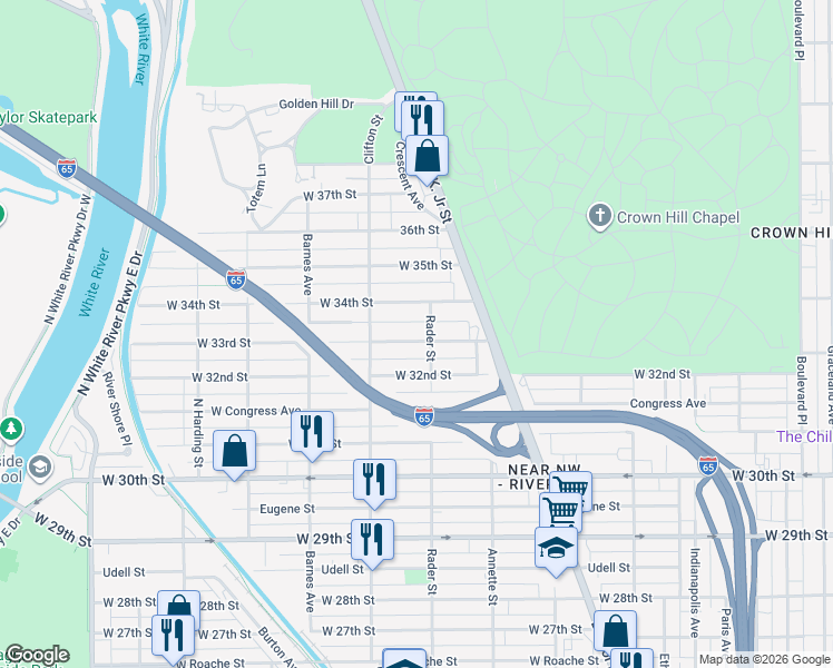 map of restaurants, bars, coffee shops, grocery stores, and more near 956 West 33rd Street in Indianapolis