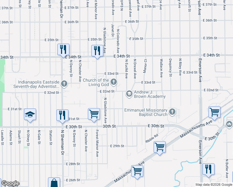 map of restaurants, bars, coffee shops, grocery stores, and more near 3160 North Colorado Avenue in Indianapolis