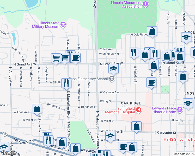 map of restaurants, bars, coffee shops, grocery stores, and more near 599 Elliott Avenue in Springfield