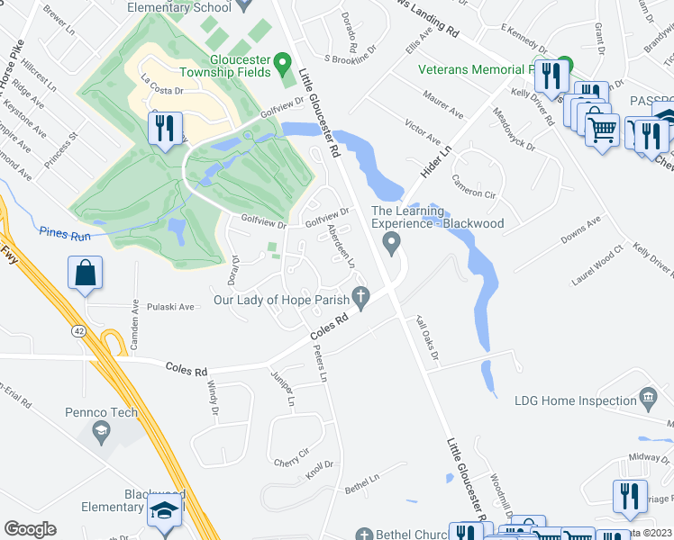 map of restaurants, bars, coffee shops, grocery stores, and more near 4007 Aberdeen Lane in Camden County