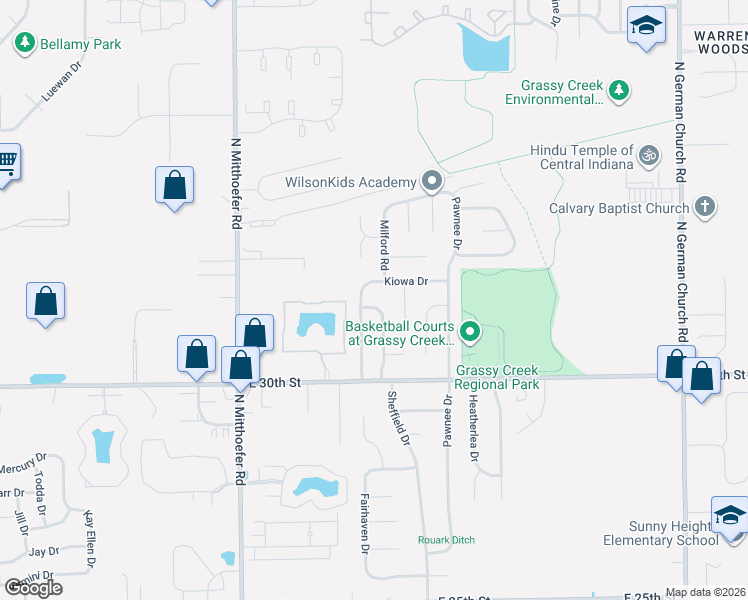 map of restaurants, bars, coffee shops, grocery stores, and more near 10297 Kiowa Drive in Indianapolis