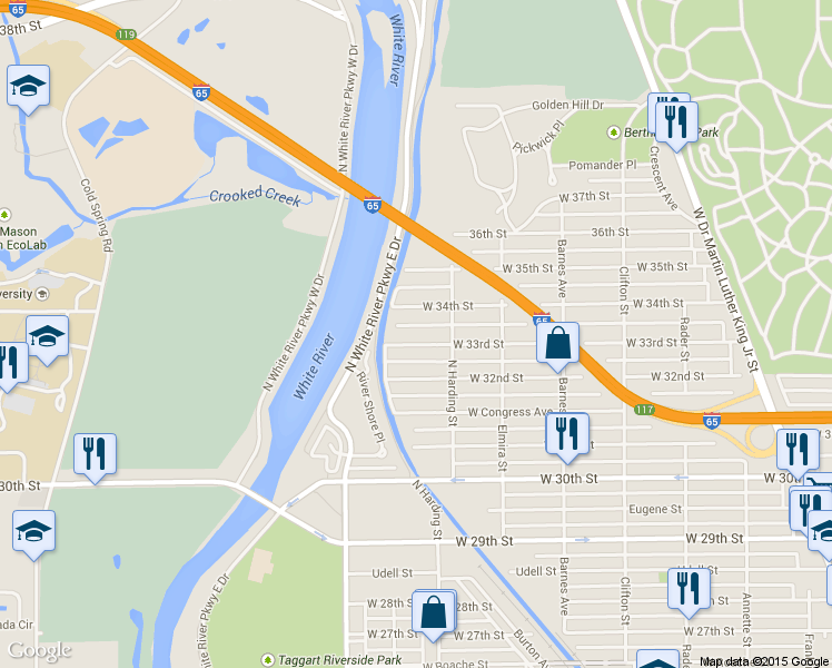 map of restaurants, bars, coffee shops, grocery stores, and more near 1444 W 33rd St in Indianapolis