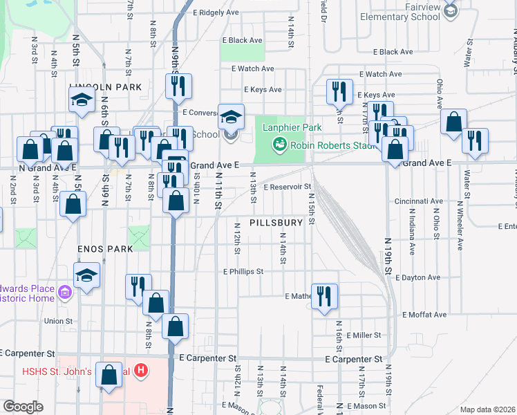 map of restaurants, bars, coffee shops, grocery stores, and more near 1109 North 13th Street in Springfield