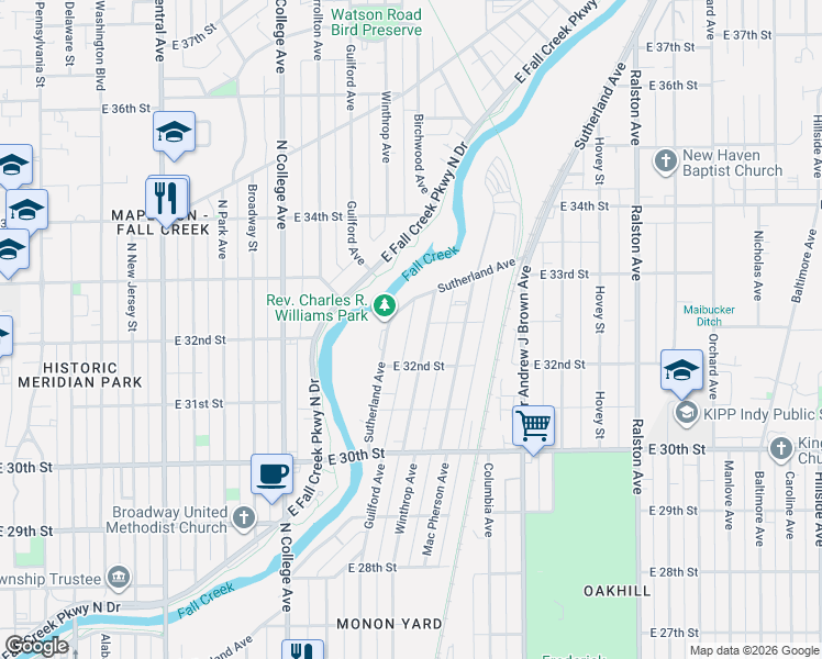 map of restaurants, bars, coffee shops, grocery stores, and more near 3241 Sutherland Avenue in Indianapolis