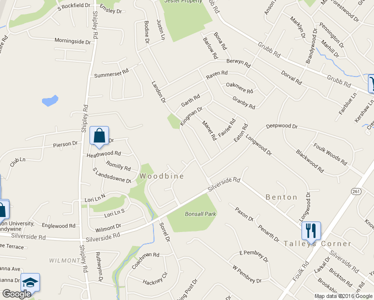 map of restaurants, bars, coffee shops, grocery stores, and more near 2416 Kingman Drive in Wilmington