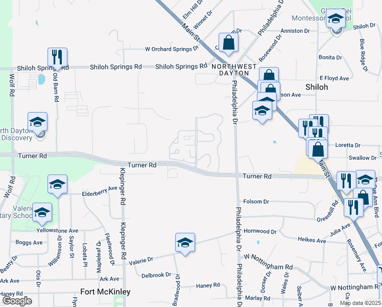 map of restaurants, bars, coffee shops, grocery stores, and more near 4621 Merrick Drive in Dayton
