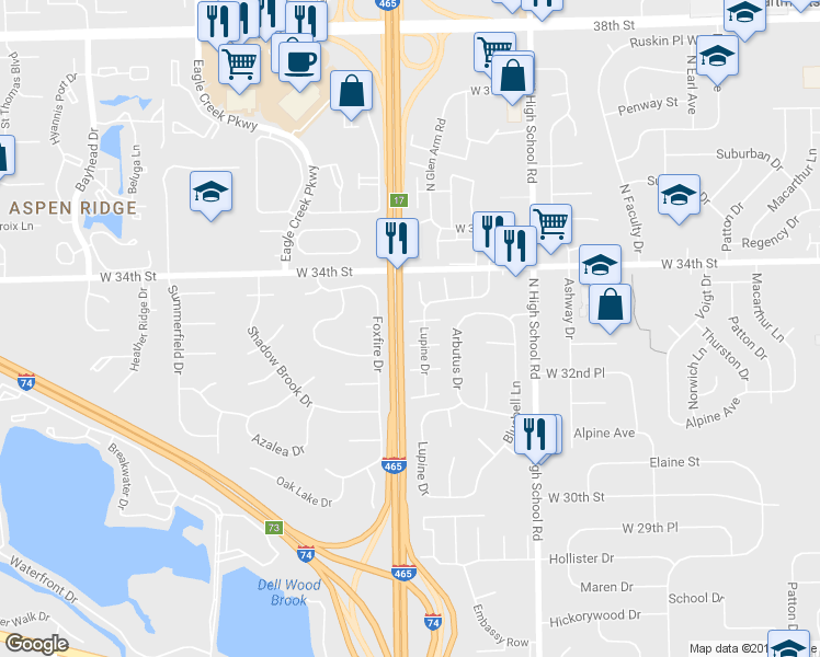 map of restaurants, bars, coffee shops, grocery stores, and more near 3314 Lupine Drive in Indianapolis
