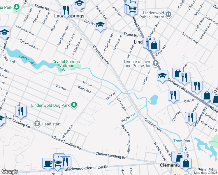 map of restaurants, bars, coffee shops, grocery stores, and more near 83 Carver Avenue in Lindenwold