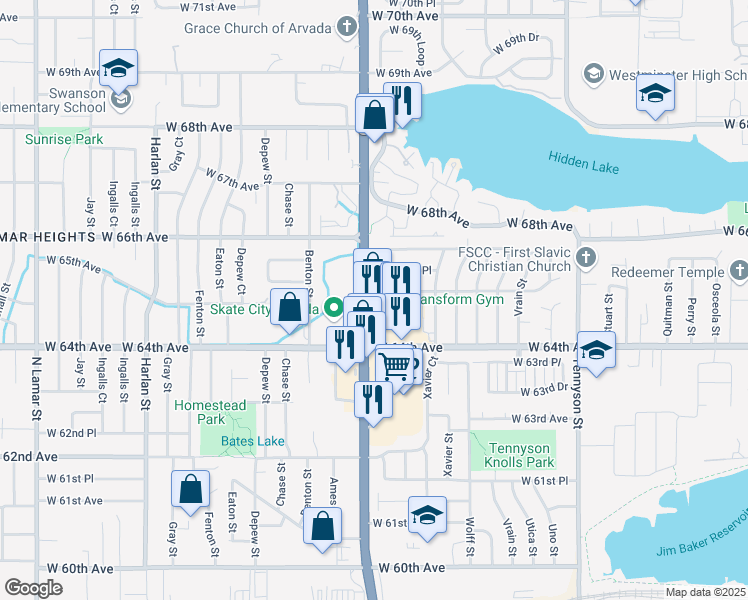 map of restaurants, bars, coffee shops, grocery stores, and more near 5084 West 65th Avenue in Arvada
