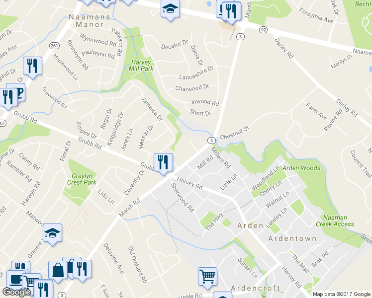 map of restaurants, bars, coffee shops, grocery stores, and more near 2220 Marsh Road in Wilmington