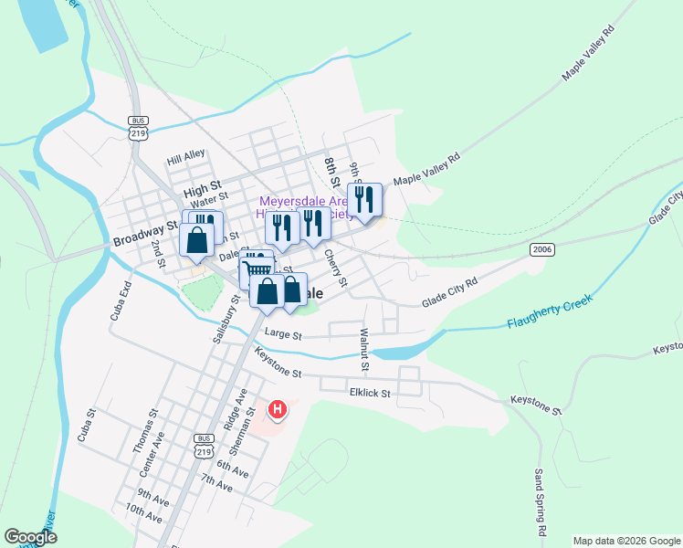 map of restaurants, bars, coffee shops, grocery stores, and more near 320 Meyers Avenue in Meyersdale