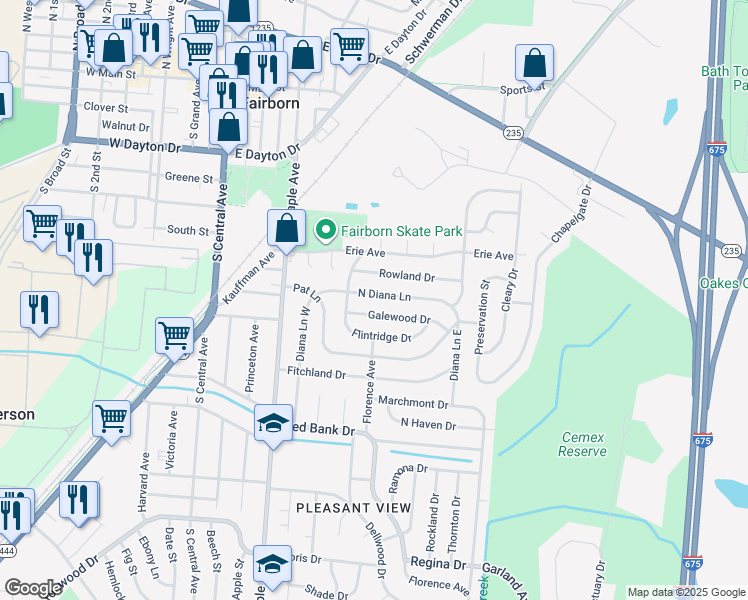 map of restaurants, bars, coffee shops, grocery stores, and more near 122 North Diana Lane in Fairborn