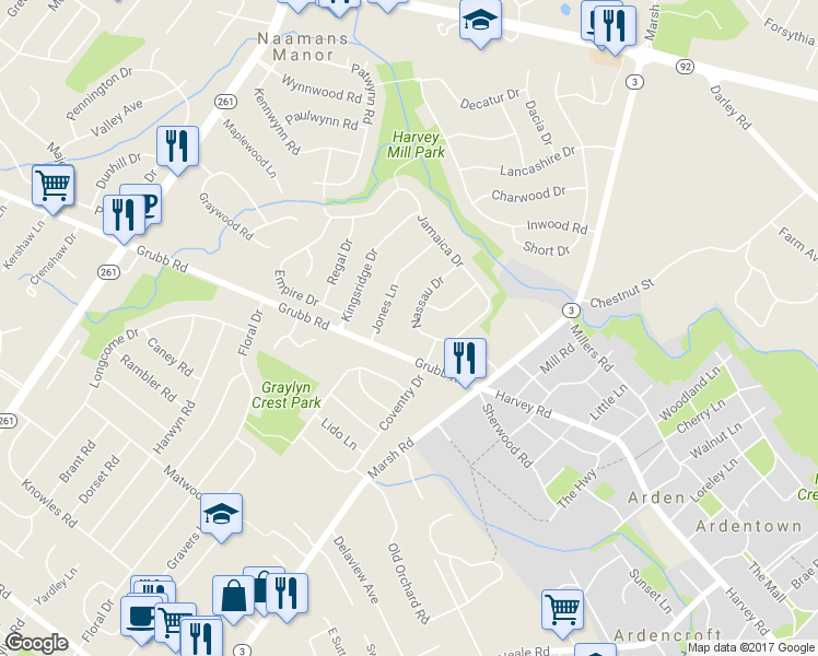map of restaurants, bars, coffee shops, grocery stores, and more near 2204 Nassau Drive in Wilmington
