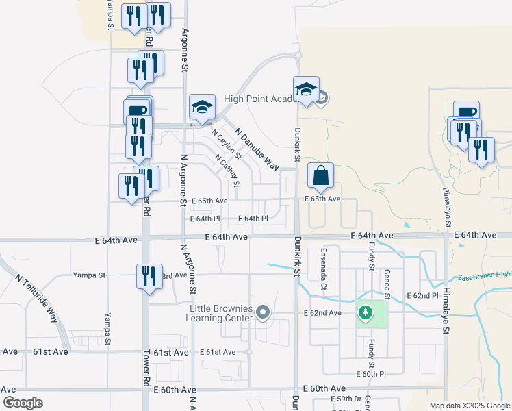 map of restaurants, bars, coffee shops, grocery stores, and more near 6492 North Ceylon Court in Denver