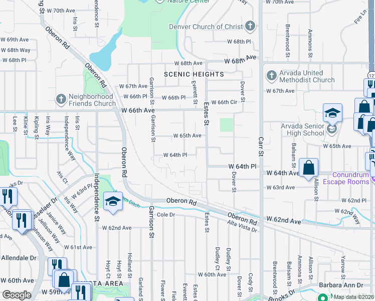 map of restaurants, bars, coffee shops, grocery stores, and more near 6455 Field Street in Arvada