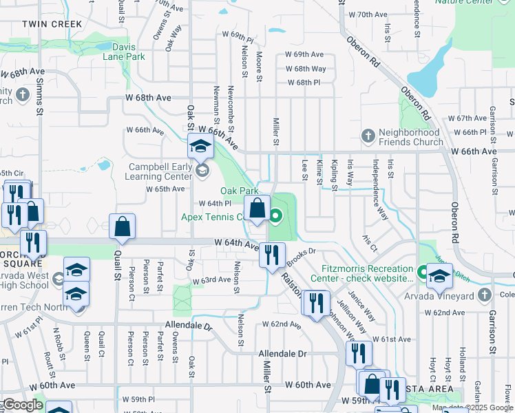 map of restaurants, bars, coffee shops, grocery stores, and more near 10500 West 64th Place in Arvada
