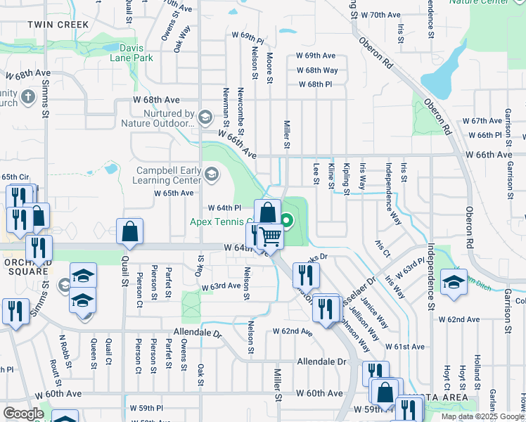 map of restaurants, bars, coffee shops, grocery stores, and more near 10500 West 64th Place in Arvada