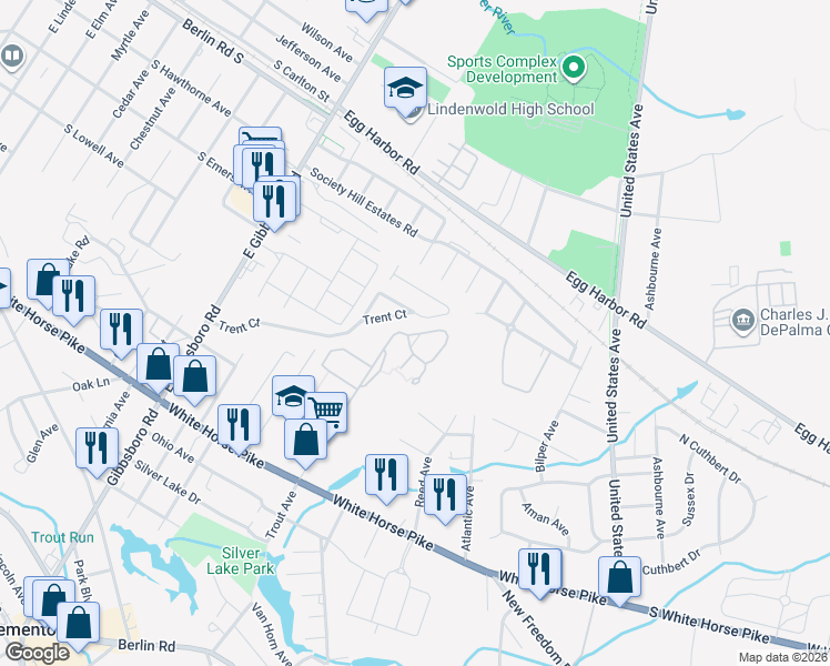 map of restaurants, bars, coffee shops, grocery stores, and more near 26 Chelsea Circle in Clementon