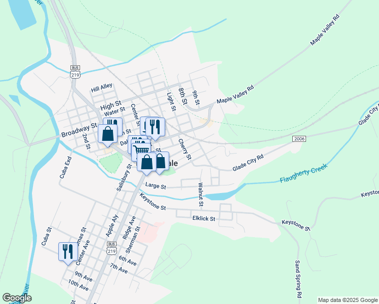 map of restaurants, bars, coffee shops, grocery stores, and more near 320 Meyers Avenue in Meyersdale